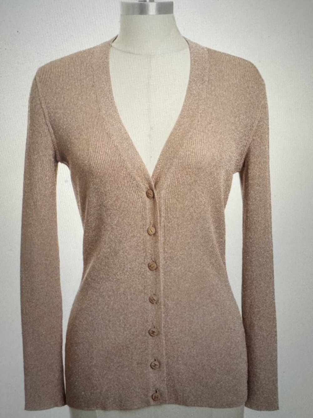 Chanel Vintage Beige Sparkly Button Up Ribbed Cardigan